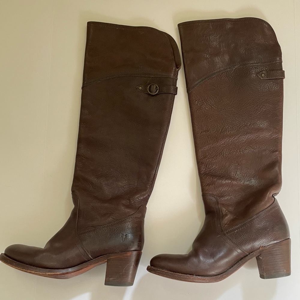 Frye Boots Jane Tall Cuff size 8.5 rich brown leather heeled boots - Picture 5 of 12